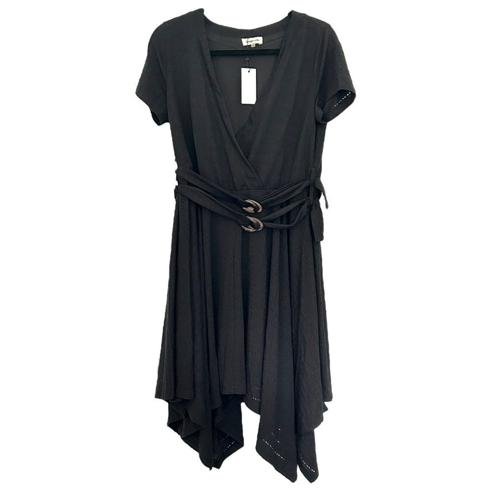 Sugarlips Women’s NWT‎ Handkerchief Black Short Sleeve Midi Dress  Sz L
